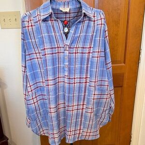 💙💙💙bogoho 💙💙💙Blue and Red Plaid Ladies Shirt-Small